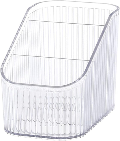 DASITON Large Capacity Makeup Brush Holder,3 Slot Makeup Brush Cup,Vintage striped Make Up Brush Holder,for Vanity Decor,Bathroom Countertops,Desk Storage Container,Cosmetic Display cases(Clear-S)