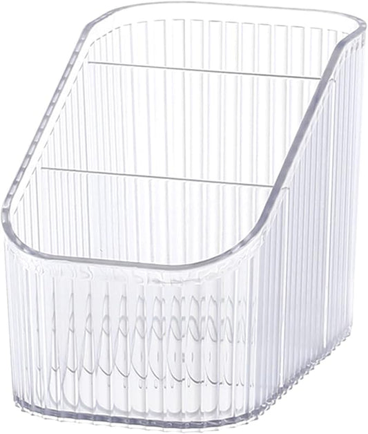 DASITON Large Capacity Makeup Brush Holder,3 Slot Makeup Brush Cup,Vintage striped Make Up Brush Holder,for Vanity Decor,Bathroom Countertops,Desk Storage Container,Cosmetic Display cases(Clear-S)