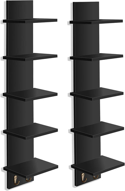 Sorbus 5 Tier Wall Shelf Unit with Hooks, Vertical Column Utility Shelving for Home Decor and Storage Organizer, Wall-Mounted Floating Shelves for Bathroom Storage, Bedroom (2 Pack)
