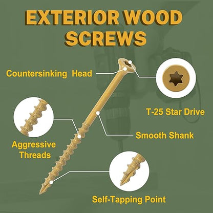 LIONMAX Deck Screws 5 Inch, Wood Screws #10 x 5, 300 PCS, Rust Resistant, Exterior Epoxy Coated, Outdoor Decking Screws, Torx/Star Drive Head Deck Screw, T25 Star Bit Included, Tan