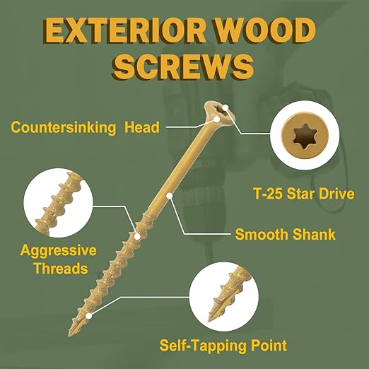 LIONMAX Deck Screws 5 Inch, Wood Screws #10 x 5, 500 PCS, Rust Resistant, Exterior Epoxy Coated, Outdoor Decking Screws, Torx/Star Drive Head Deck Screw, T25 Star Bit Included, Tan