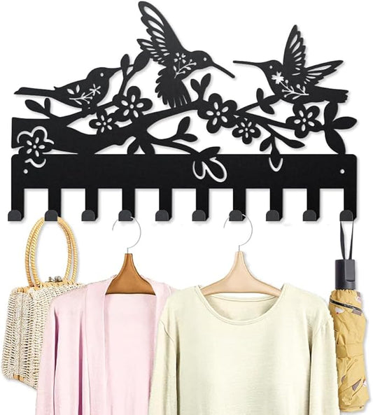 MAYJOYDIY Metal Hummingbird Flower Coat Rack Wall Mount Bird Tree Branch Coat Hooks 15.7×9.8inch 10 Hooks Nature Animal Key Holder for Wall Art Decor Gift Black Key Hooks for Coats Hats Towels Bags