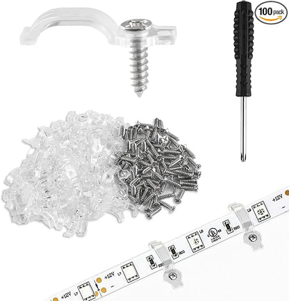 100 Pcs Strip Light Mounting Brackets, 10mm Outdoor LED Strip Light Mounting Clips, Led Light Strip Clips, One-Side Fixing Clips Brackets for 10mm Wide Waterproof Strip Lights, with 100 Screws