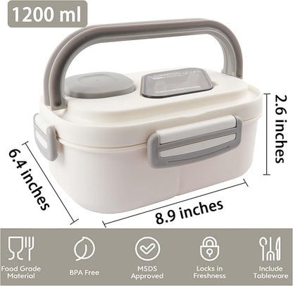 Adults Bento Lunch Box,Salad Container Large 43oz Salad Bowl, Bento-Style Tray for Toppings, 3oz Sauce Container for Dressings, and Built-In Reusable Fork (White)
