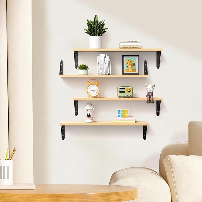 Wood Floating Shelves Set of 4, Rustic Storage Decor Wall Shelves, Wall Mounted Shelf for Living Room, Bedroom 23.6" x 6", Natural