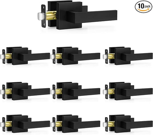 10 Pack Matte Black Door Handles, Passage Door Levers for Hall & Closet, Interior Door Knobs Heavy Duty Square Non-Locking Handlesets (2.0lb), Reversible for Left & Right Sided Doors