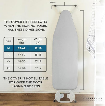 Encasa XO Ironing Board Cover And Pad 42"x14" - 4mm Felt & 2mm foam Metallized Silver iron Board Cover With Padding - Heat & Scorch Resistant, Non Slip, Bungee Elasticated, 3 Fasteners Silver Luxury
