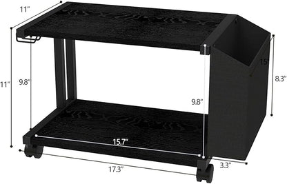 VEDECASA 2 Tier Black Printer Stand with Storage Bag for Home Office Desktop Printer Table Underdesk Organizer Mobile Printer Shelf with Caster Wheel (Black)