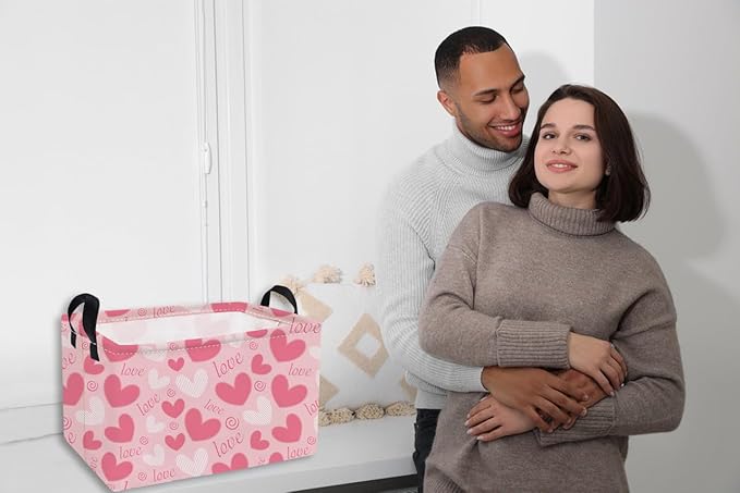 Essme Rectangular Valentine's Day Basket,Pink Heart Storage Bins Organizer with Handles for Girls Room Decor, Gift Basket,Shelf Basket.(Pink love heart)
