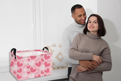Essme Rectangular Valentine's Day Basket,Pink Heart Storage Bins Organizer with Handles for Girls Room Decor, Gift Basket,Shelf Basket.(Pink love heart)