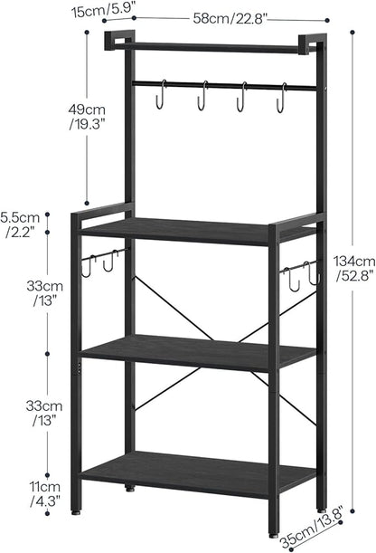 HOOBRO Kitchen Bakers Rack with Storage, 4 Tiers Coffee Bar Station, Microwave Stand with 8 S-Shaped Hooks, Kitchen Storage Shelf Rack for Small Spaces, Black BB04HB01