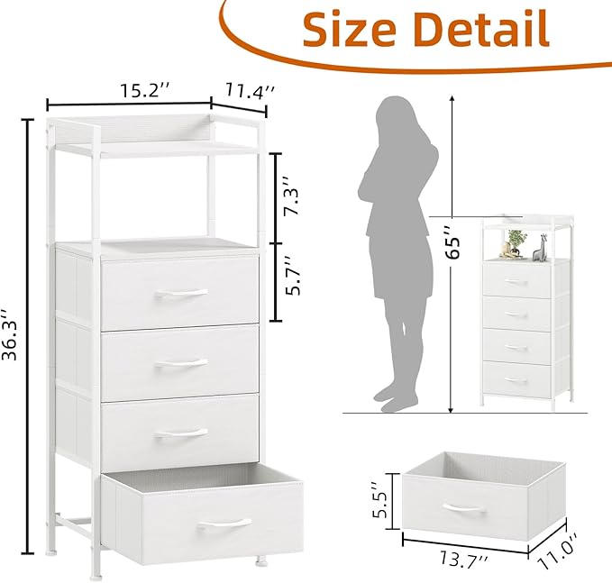 Somdot White Nightstand with 4 Drawers, Vertical Storage Tower Fabric Dresser for Bedroom, Nightstand Bedside Table Furniture, Sturdy Steel Frame, Wooden Top & Easy Pull Fabric Bins