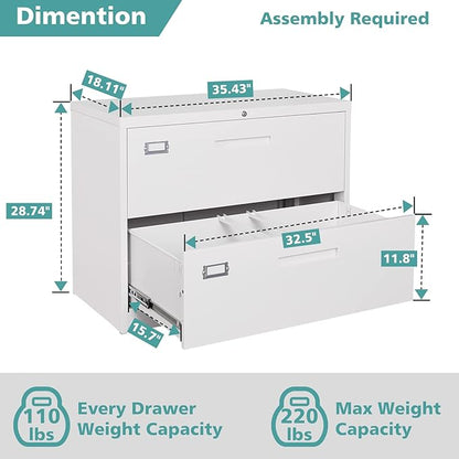 MIIIKO 2 Drawer Lateral File Cabinet with Lock, White Filing Cabinet for Home Office, Two Drawer Metal File Cabinet for Hanging Files Folders Letter/Legal/F4/A4 Size