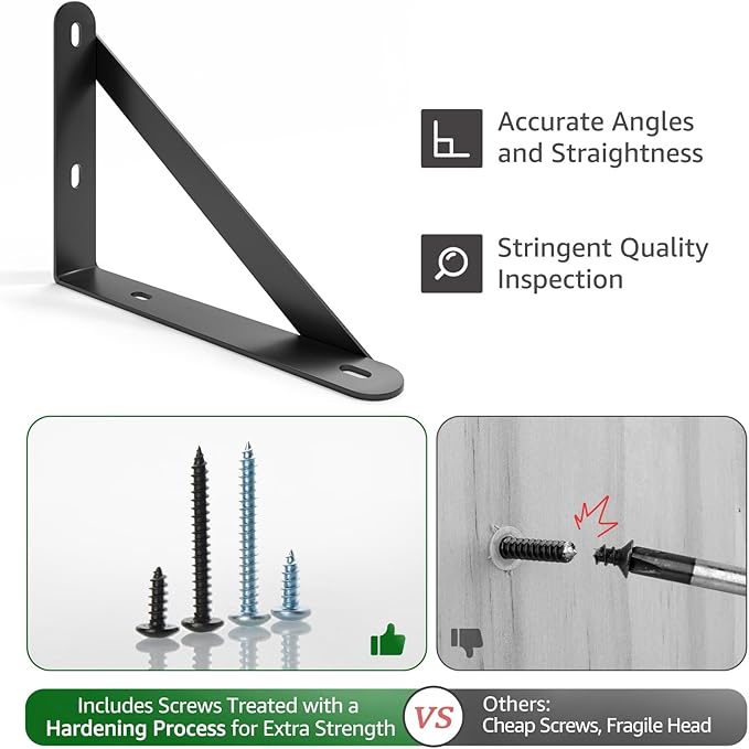 6x4.5 Shelf Brackets 6-Pack, Shelf Support Shelf Holder Steel Wall Mount Heavy Duty Small L Shape Triangle 90 Degree Metal Black with Screws Anchors Soporte de Estante