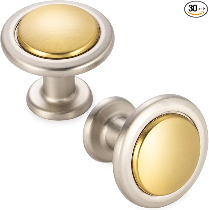 KOOFIZO 30 Pack Gold and Nickel Kitchen Cabinet Knobs Brushed Gold and Silver Drawer Knobs 1960 Round Single Hole Cabinet Pulls for Cabinets Drawers Dresser Cupboard Bedroom Bathroom