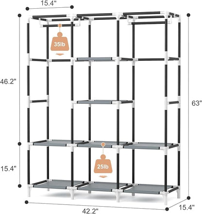 VTRIN Portable Closet Wardrobe for Hanging Clothes with 2 Hanging Rods and 8 Storage Organizer Shelves,Free Standing Clothes Rack with Cover Sturdy Large Wardrobe Closet for Bedroom,Printing