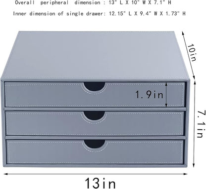 Leather Desk Organizer with 3 Drawers/Tray, Executive Office Supplies Desktop Filing A4 File Cabinet/Holder, Stackable Storage Box Grey (Gray)