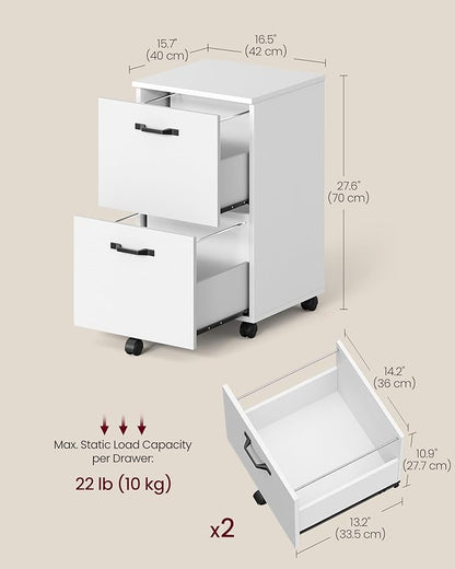 VASAGLE 2-Drawer File Cabinet, Small Rolling Filing Cabinet for Home Office, Printer Stand, for A4, Letter-Size Documents, 15.7 x 16.5 x 27.6 Inches, Snow White UOFC040W46