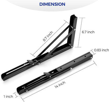 Ravinte 2 Pack 14 Inch Folding Shelf Brackets – Matte Black, Heavy Duty Collapsible Brackets for Tables and Benches – Space-Saving Design