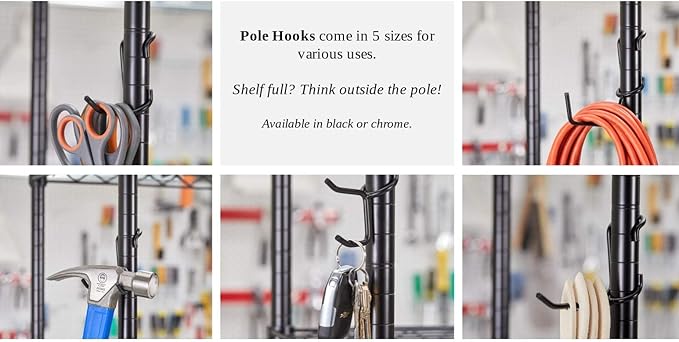 Shelf Pole Hooks | 5-Pack Black 1" Variety Pack Hooks | Snap-On Hanging Hooks for Wire, Metal & Metro Shelving | Heavy Duty Garage, Workshop, Basement & Pantry Storage Hooks