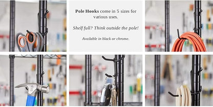Shelf Pole Hooks | 5-Pack Black 1" Variety Pack Hooks | Snap-On Hanging Hooks for Wire, Metal & Metro Shelving | Heavy Duty Garage, Workshop, Basement & Pantry Storage Hooks