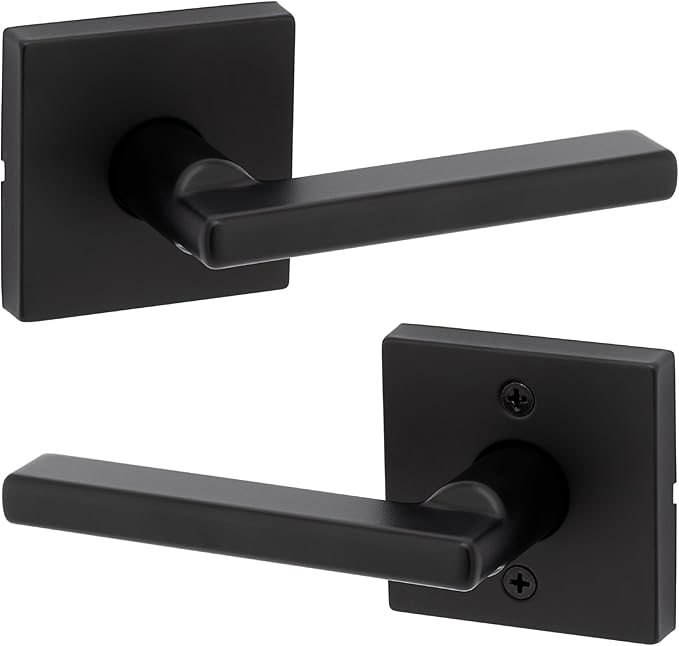 Kwikset Halifax Interior Passage Door Handle, Lever For Closet and Hallway Doors, Reversible Non-Locking Handle Lever, Matte Black, with Microban Protection, Square Rose