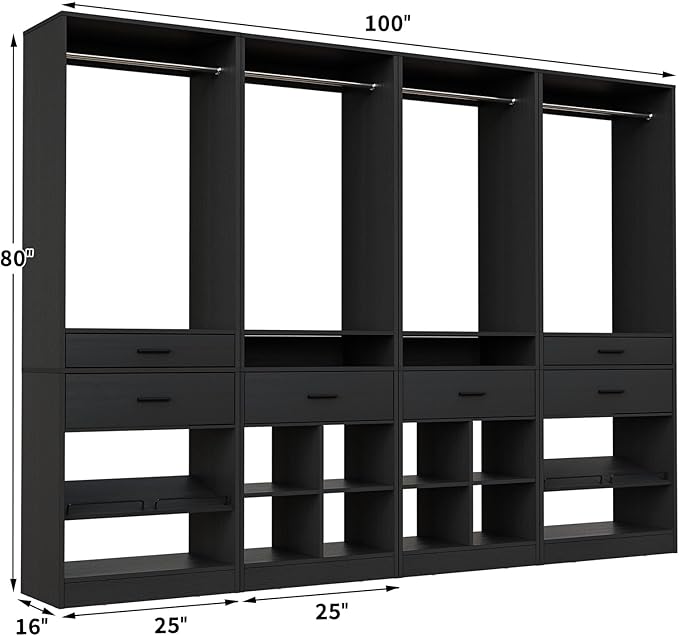 Unikito Closet System, 8.3FT Closet Organizer with 6 Wooden Drawers, Hanging Rods, Adjustable Shoe Rack and Cube Storage, Easy Assembly Wardrobe Tower, Set of 4, Black