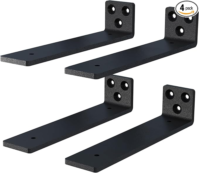 12 Inch Floating Shelf Brackets, Heavy Duty Hidden Bracket for Wall, Mantel, Bookshelves, Black Powder Coated Steel, 4-Pack