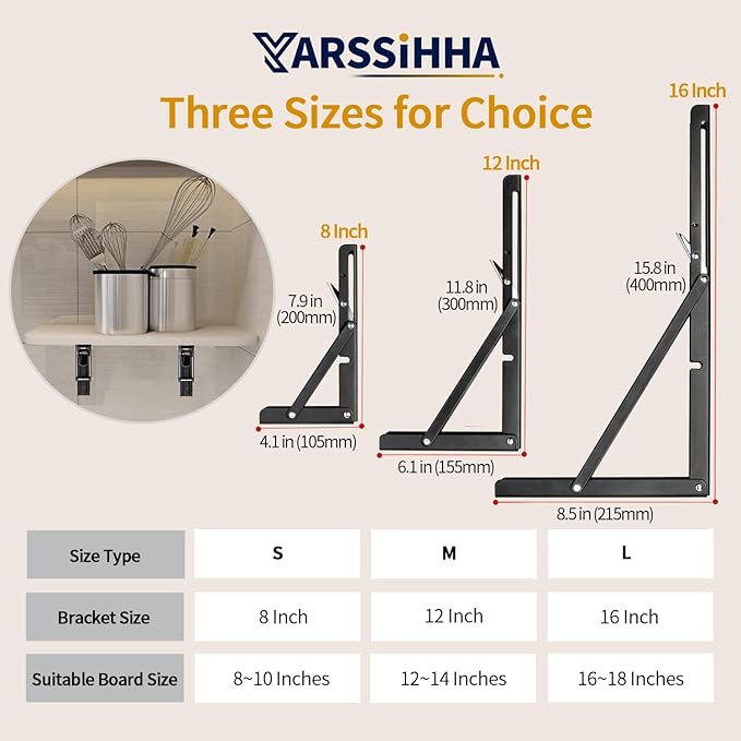 Yarssihha 12 Inch Folding Shelf Bracket, 6 Pack Heavy Duty Wall Mounted Foldable Brackets, Space-Saving Metal Collapsible Shelf Brackets, Max Load:180lbs