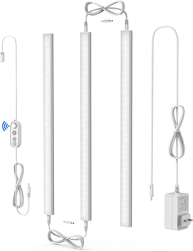 ASOKO Motion Sensor Dimmable Led Under Cabinet Lighting Plug in - 3 Pcs 12 inches Linkable Counter Light Bars, Led Closet Light Daylight White 4500K