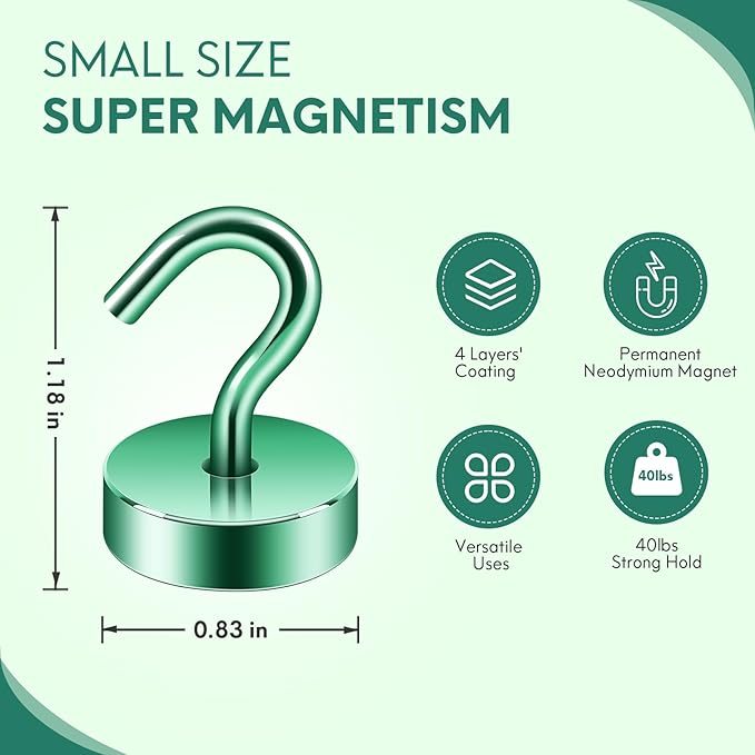 Neosmuk Magnetic Hooks, Cruise Ship Essentials, 40lb+ Heavy Duty Magnetic Hooks for Cruise Cabins, Refrigerator, Grill, Hanging, and Travel | Extra Strong Must-Haves Magnet Hook,Green,Pack of 5