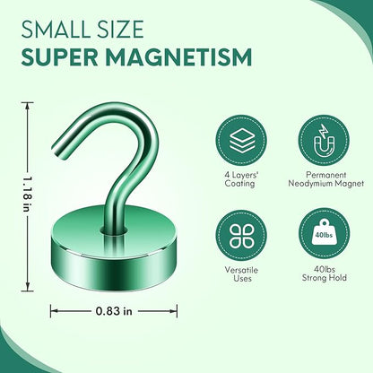 Neosmuk Magnetic Hooks, Cruise Ship Essentials, 40lb+ Heavy Duty Magnetic Hooks for Cruise Cabins, Refrigerator, Grill, Hanging, and Travel | Extra Strong Must-Haves Magnet Hook,Green,Pack of 5