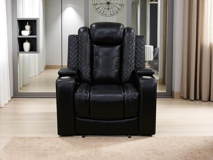 Living Room Furniture Sets, Power Reclining Chair Set, Brown Breathing Leather Power Recliner Sofa Chair with 1 Recliner Seat/Cup Holder/LED Light/USB Port for Office, Rv Car