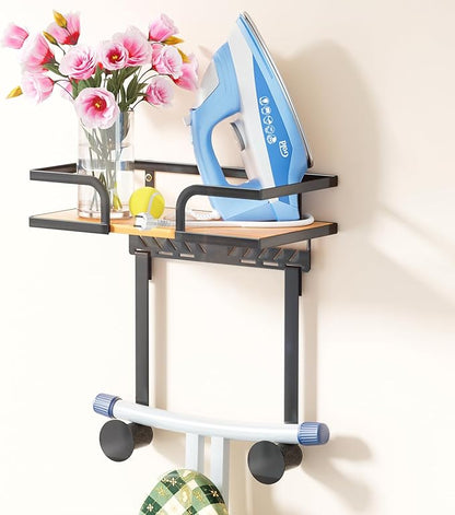 Ironing Board Hanger Wall Mount with Natural Wood-Texture Shelf, Adjustable Iron Board Holder for T & Y Leg Boards, Heavy Duty Laundry Room Organization and Storage Rack, Black