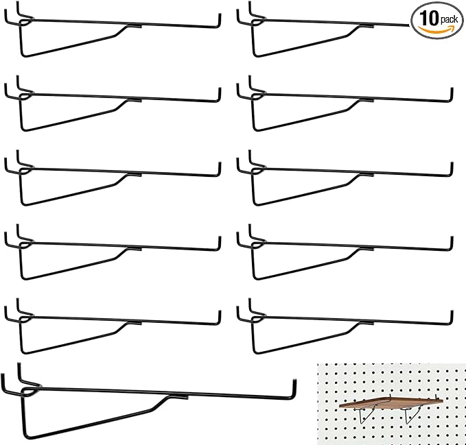 10-Pack Pegboard Shelf Hooks, 8" Black Metal Pegboard Shelf Brackets, Heavy Duty Peg Board Shelving Organizer Accessories for Garage Workshop Storage System