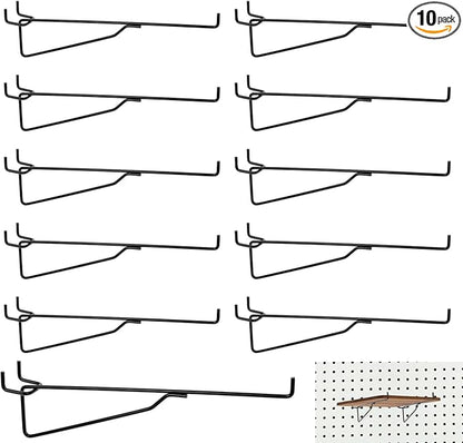 10-Pack Pegboard Shelf Hooks, 8" Black Metal Pegboard Shelf Brackets, Heavy Duty Peg Board Shelving Organizer Accessories for Garage Workshop Storage System