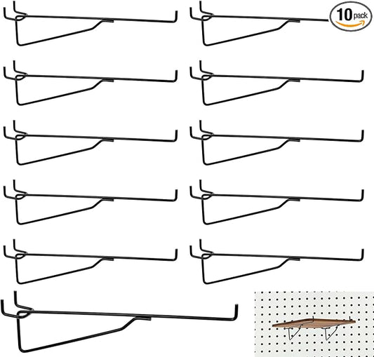 10-Pack Pegboard Shelf Hooks, 8" Black Metal Pegboard Shelf Brackets, Heavy Duty Peg Board Shelving Organizer Accessories for Garage Workshop Storage System