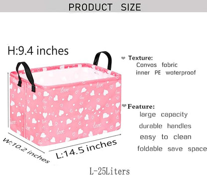 KUNRO Rectang Heart Pattern Valentine's Storage Basket Gift Shelf Basket Storage Bin, Nursery Basket Organizer Box for With Handles for Room Deco