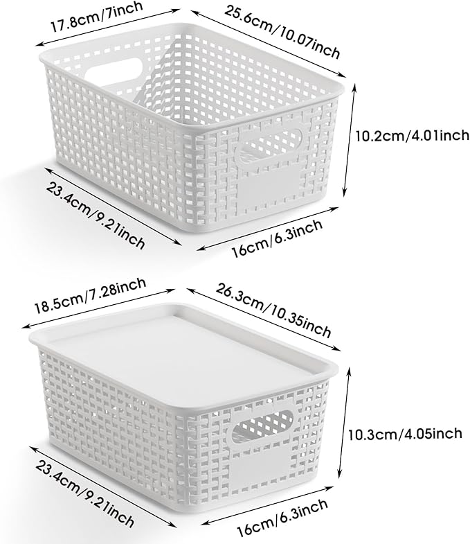 Plastic Storage Basket with Lids 12 Pack Stackable Storage Bins Containers with Lid, Decorative Storage Boxes for Organizing Shelves, Drawers, Playroom, Classroom, Office, Closet, White