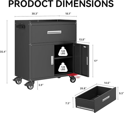 COFaR Rolling Tool Cabinet, 1-Drawer & 2-Door Metal Storage Cabinet with Adjustable Shelf, Lockable Wheels & Locking Doors, 35" H Heavy Duty Garage Tool Chest for Workshop, Garage, Office - Black
