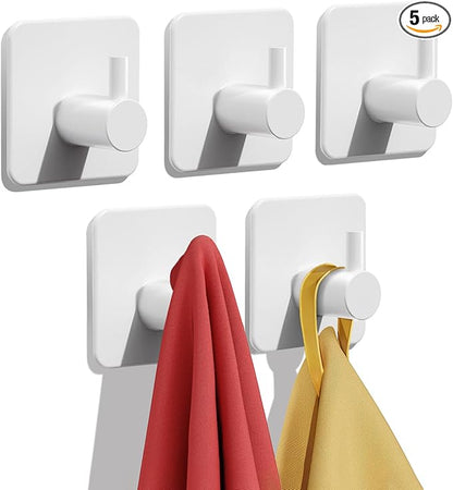 Auxmir Adhesive Hooks Heavy Duty 22lb(Max) Towel Hooks for Shower, 5 Pack Self Adhesive Damage Free Wall Hooks, Stainless Steel for Coat Robe, Waterproof Oilproof Rustproof for Bathroom Kitchen Office