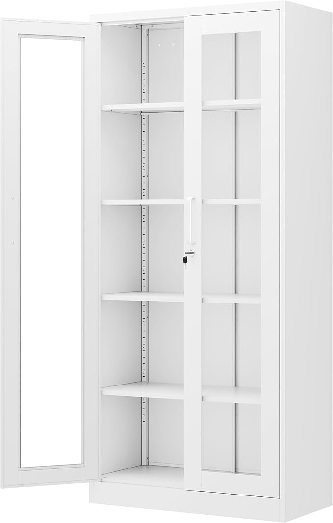 Display Cabinet with Glass Doors, 71 Inches Metal Display Case with 4 Adjustable Shelves, Curio Storage Cabinet with Lock for Home, Office, Book, Pantry, Assemble Required (White)
