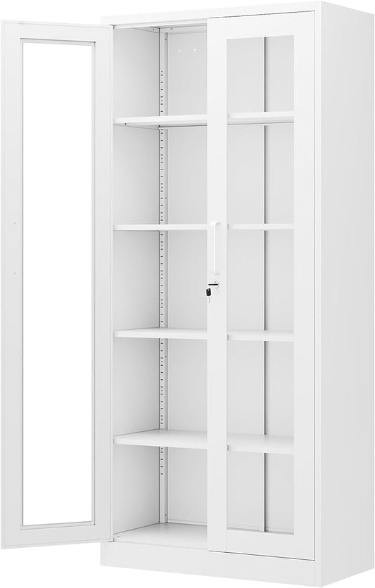 Display Cabinet with Glass Doors, 71 Inches Metal Display Case with 4 Adjustable Shelves, Curio Storage Cabinet with Lock for Home, Office, Book, Pantry, Assemble Required (White)