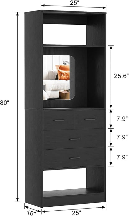 Unikito 25 Inch Closet System with 4 Drawers, 2FT Wood Closets Organizer with Storage Shelves and Mirror Design, Freestanding Sturdy Walk in Closet Tower for Bedroom, 25" W x 16" D x 80" H, Black