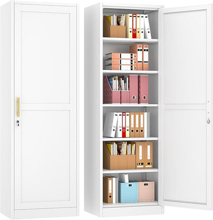 67" Metal Storage Cabinet with Lock, Tall Narrow Office File Cabinets with 5 Adjustable Shelves, Metal Steel Locker for Home, School, Office, Garage or Gym (White)