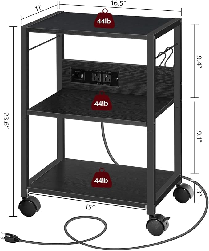 Industrial Printer Cart, 3-Tier Mobile Printer Stand, Rolling Cart with Power Outlets and USB Ports, Home Printer Stand with 2 Hooks, for Office, Living Room, Black PTHB40E01
