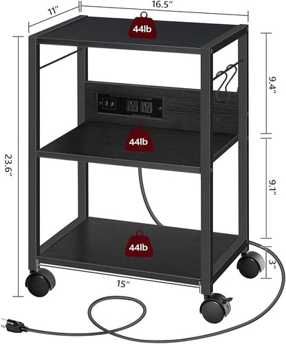 Industrial Printer Cart, 3-Tier Mobile Printer Stand, Rolling Cart with Power Outlets and USB Ports, Home Printer Stand with 2 Hooks, for Office, Living Room, Black PTHB40E01