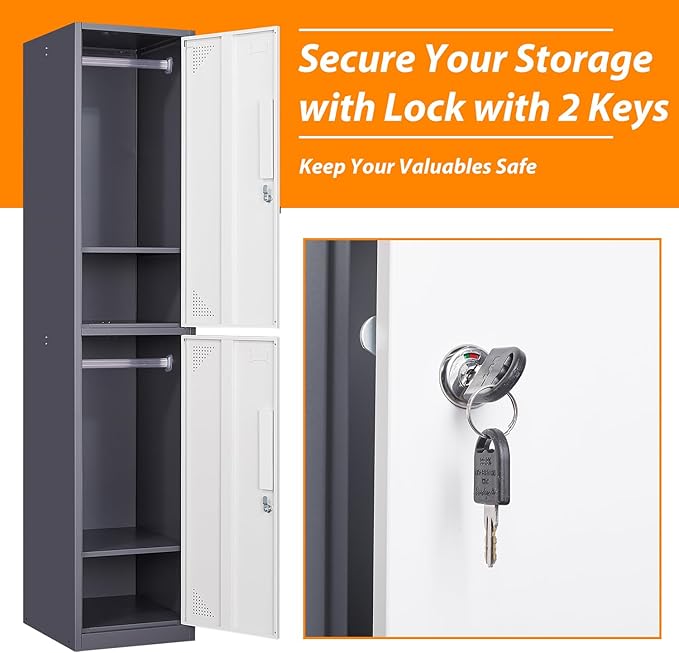 Metal Locker for Home, Dressing Room, 71" Steel Storage Lockers for Employees, Lockable Locker Cabinet with 2 Doors (Grey White)