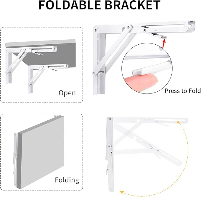 YUMORE Folding Shelf Bracket Heavy Duty, 12 Inch White Collapsible Shelf Bracket, DIY L Bracket for Workbench Folding Table Hinge, Max Load: 330lbs, 2 Pack