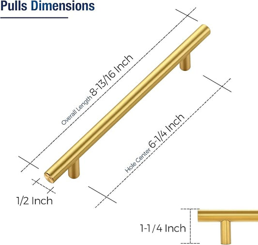 JOY DECOR 15 Pack Cabinet Handles, Gold Cabinet Pulls, 6-1/4 in Hole Center Kitchen Cabinet Handles, Stainless Steel T Bar Handles for Dresser Drawers
